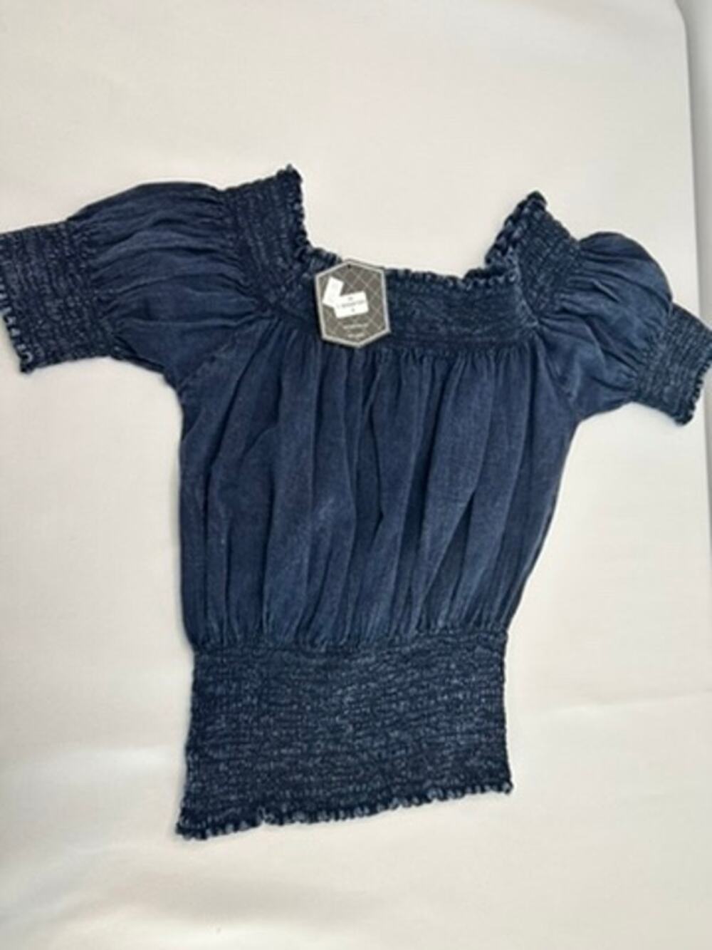 Womens Smocked Off Shoulder Top Blue Cotton Peasant Blouse Cottagecore S